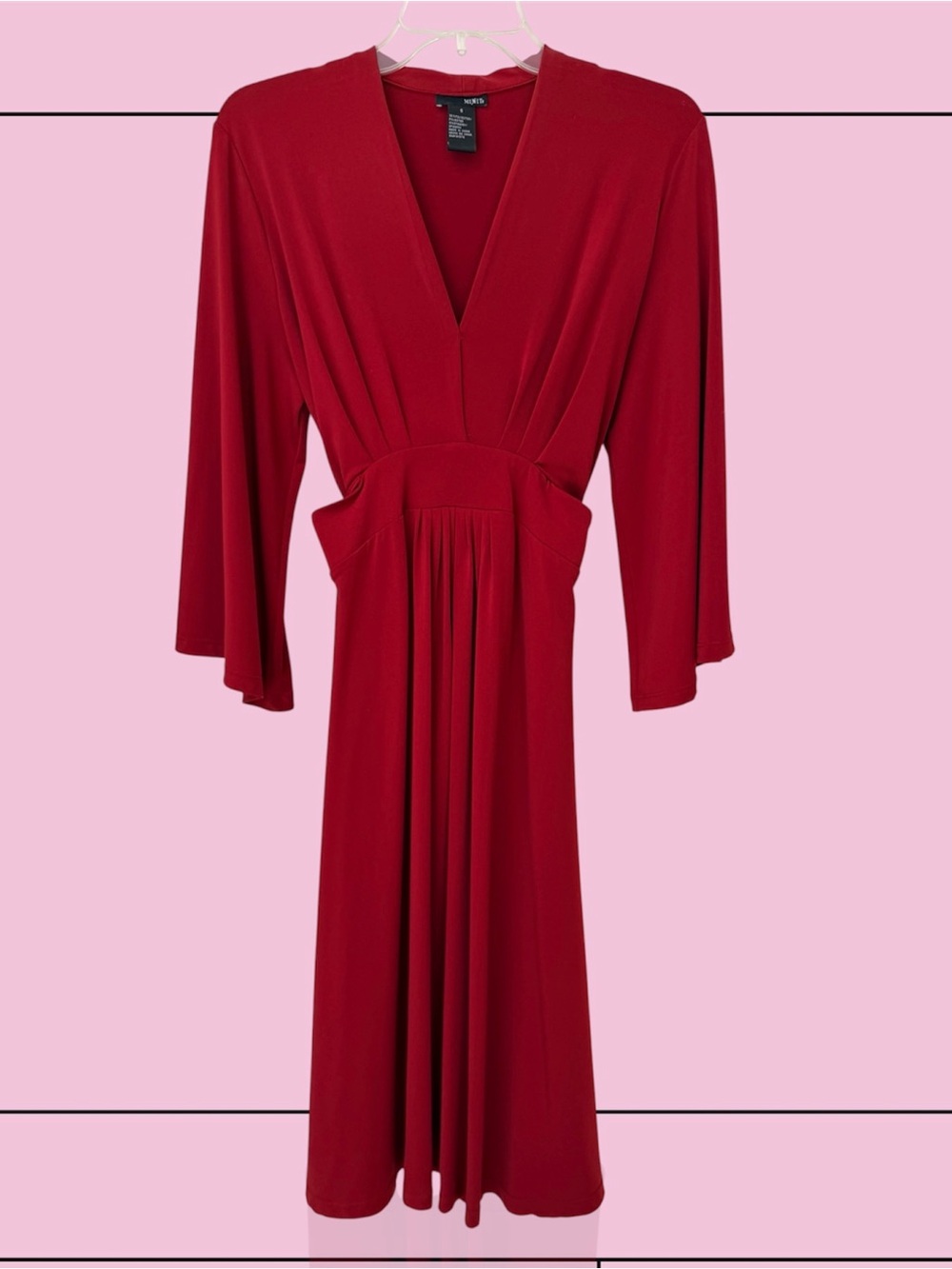 Mixit Red V-Neck Midi Flared Soft Knit Dress with Wrap Tie Belt, Sz 6